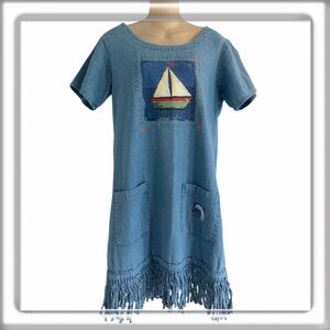 Bali Boutique Denim Dress Embroidered Nautical Details Fringed Hem Size Small